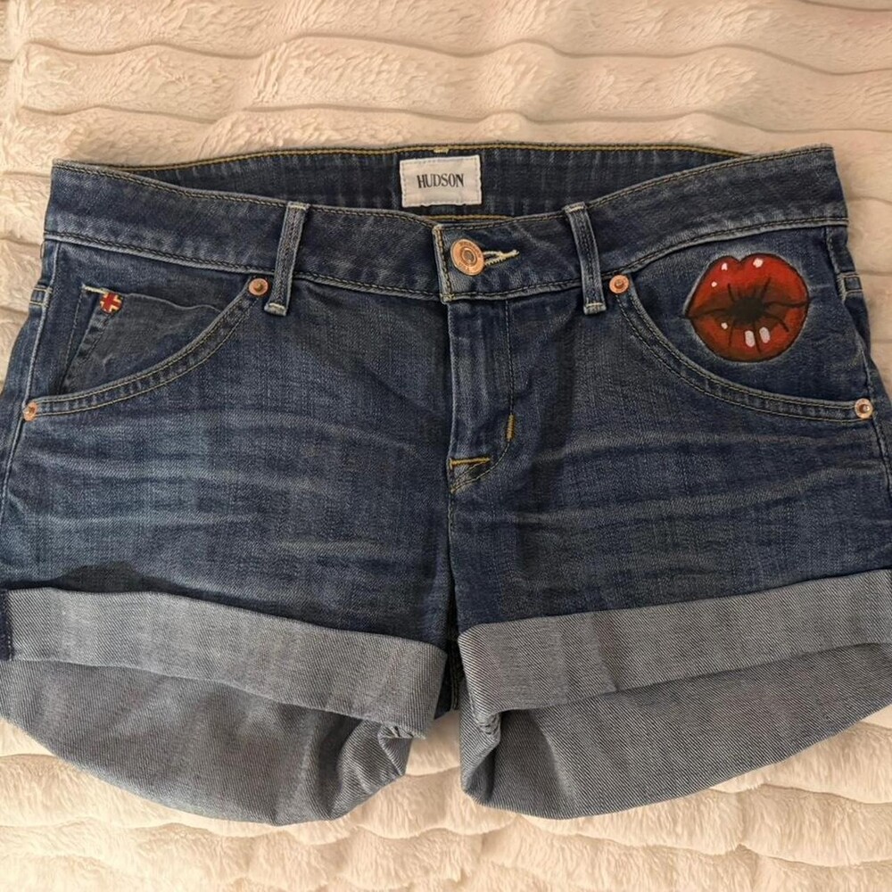 Custom Painted Denim Shorts With Red 0 F 56